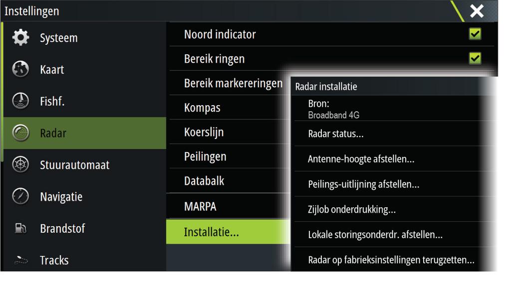 Radarbron Bij een systeem met meer dan één radar kunt u het apparaat dat u wilt configureren kiezen in dit menu.