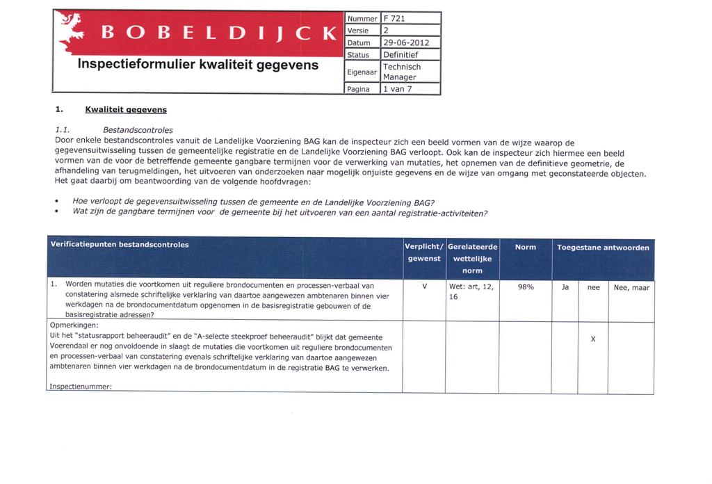 B O B E L D I J C K Inspectieformulier kwaliteit gegevens F 721 