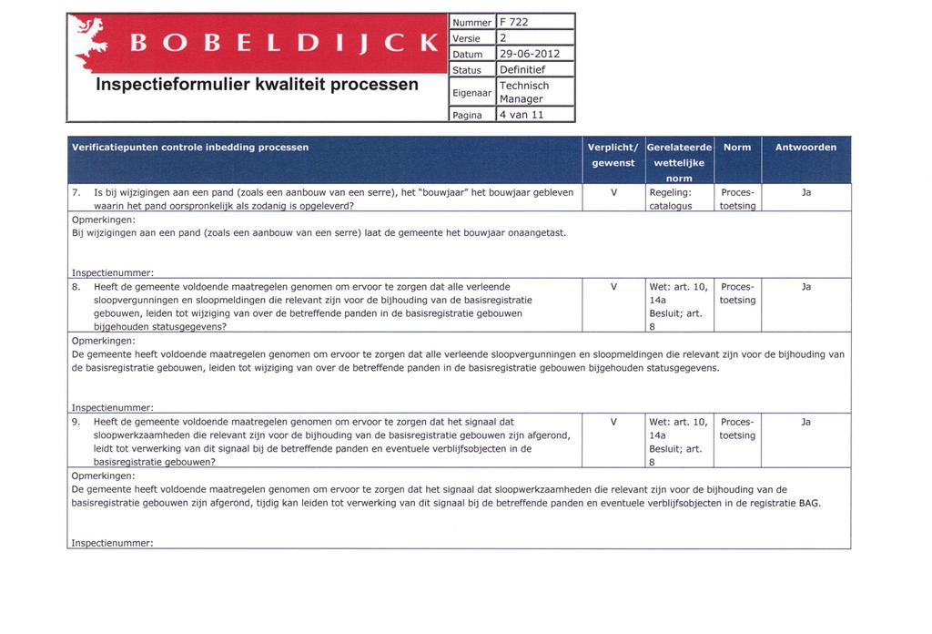 B O B E L D Inspectieformulier kwaliteit processen F 722 4 van 11 Verificatiepunten controle inbedding processen Verplicht/ Gerelateerde Norm gewenst wettelijke Antwoorden 7.