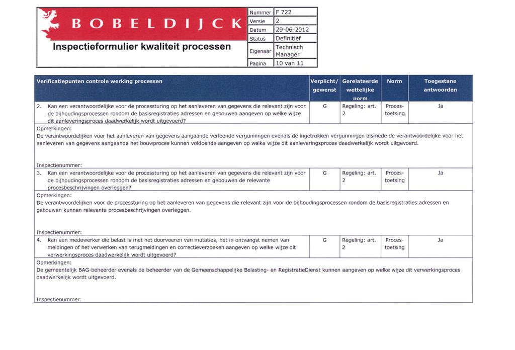 B O B E L D Inspectieformulier kwaliteit processen F 722 10 van 11 Verificatiepunten controle werking processen Verplicht/ Gerelateerde Norm Toegestane gewenst wettelijke antwoorden Kan een