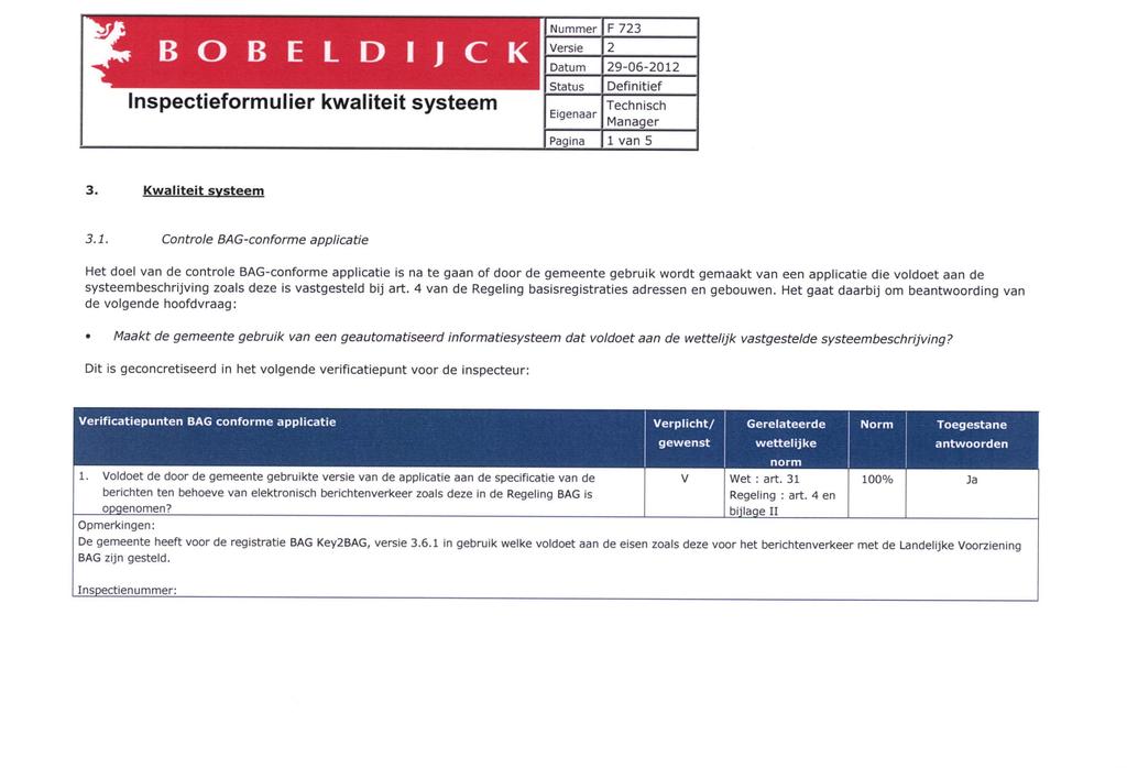 B O B E L D Inspectieformulier kwaliteit systeem F 723 1 