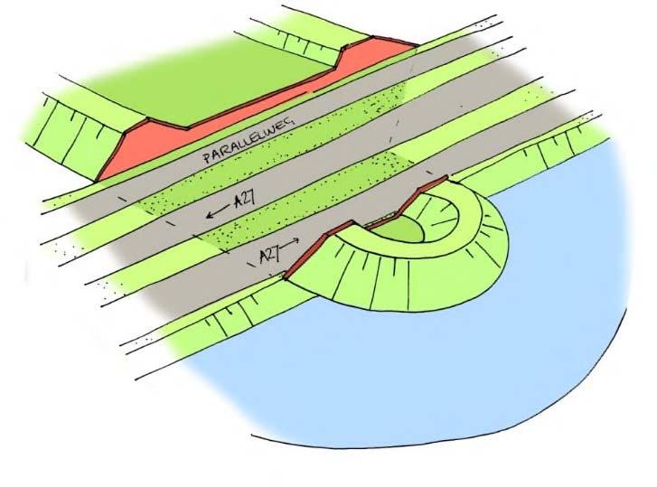 Figuur 7.4: Visualisering nabij het fort Nieuwendijk: Tussen de aansluiting Nieuwendijk tot Fort Altena wordt de weg aan de oostzijde verbreed.