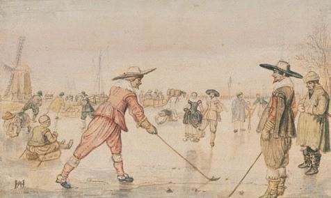 Mannen schaatsen met hun liefje. Een paard trekt een slee over het ijs. Hieronder spelen twee heren het kolfspel, waarbij ze met een houten schijf een doel moeten raken. (Net als bij golf.
