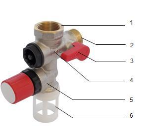 Ontwerp 1. Binnendraadaansluiting 2. Buitendraadverbinding 3/4" voor de koudwateraanvoer 3. Afsluitkraan met sferisch kraanhuis 4. Terugslagklep 5. Veiligheidsklep 6.