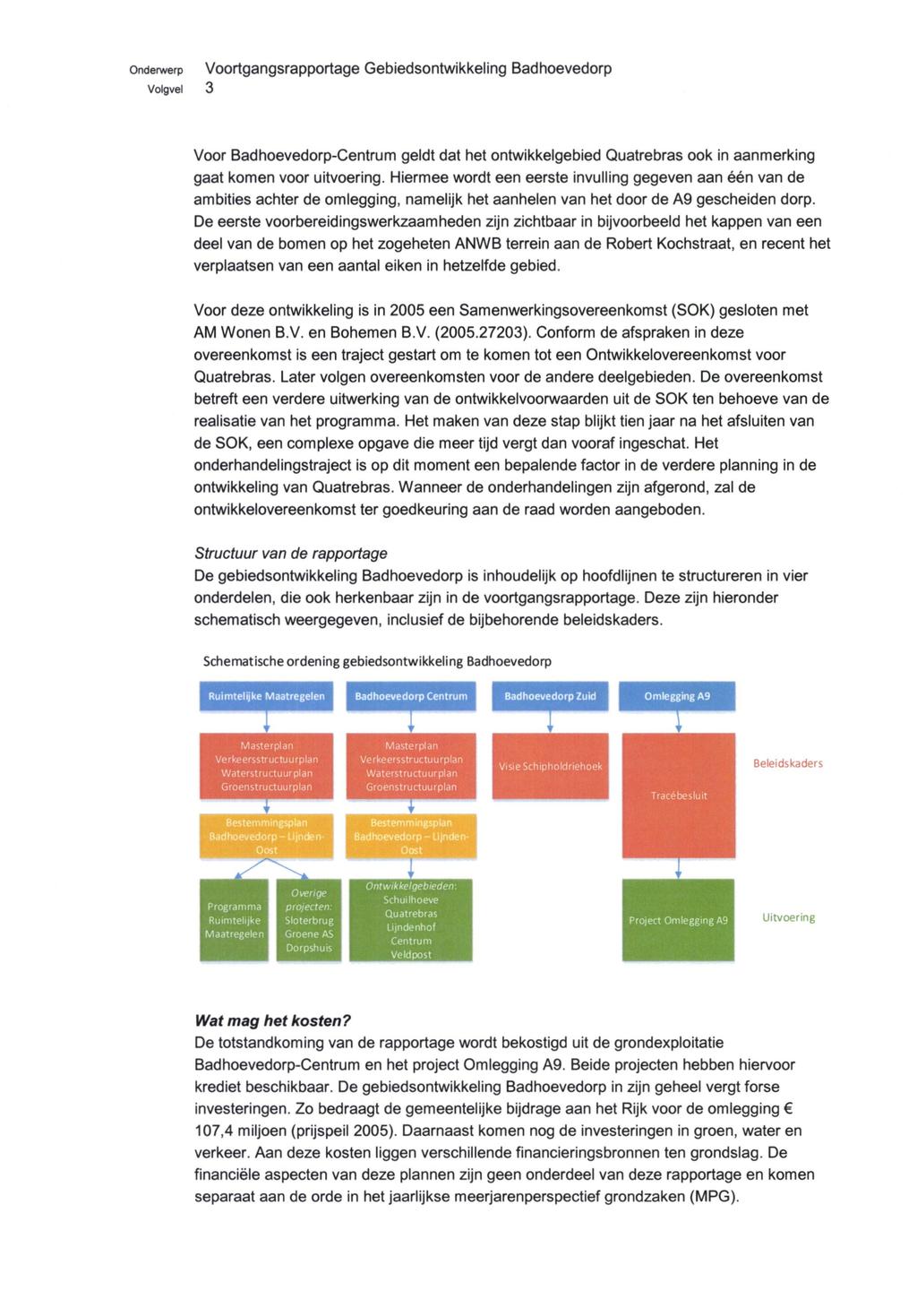 onderwerp Volgvel 3 Voortgangsrapportage Gebiedsontwikkeling Badhoevedorp Voor Badhoevedorp-Centrum geldt dat het ontwikkelgebied Quatrebras ook in aanmerking gaat komen voor uitvoering.