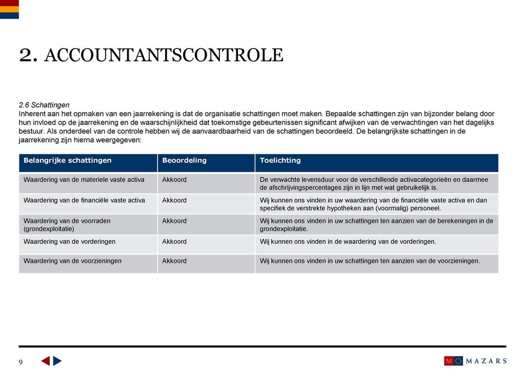 2. ACCOUNTANTSCONTROLE 2.6 Schattingen Inherent aan het opmaken van een jaarrekening is dat de organisatie schattingen moet maken.