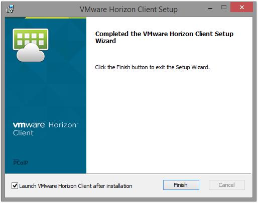 Nadat de installatie voltooid is, klik je op Finish. Op het bureaublad verschijnt nu het icoon VMware Horizon View Client.
