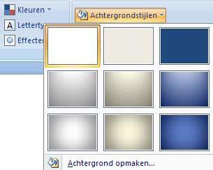 10. Achtergrond instellen Met de optie Achtergrondstijlen voeg je een kleur of een afbeelding toe als achtergrond voor de dia s.