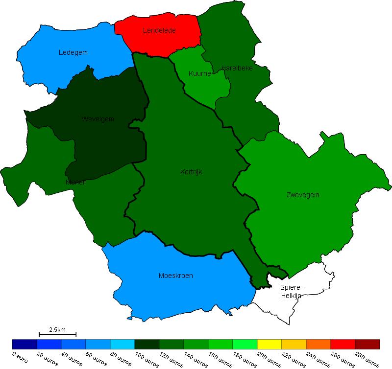 Vastgoed Prijs van bouwgrond in Kortrijk en omgeving Gemiddelde prijs in e/m 2 van bouwgrond in Kortrijk en omgeving Bron : Berekeningen van de ADSEI (FOD Economie) op basis