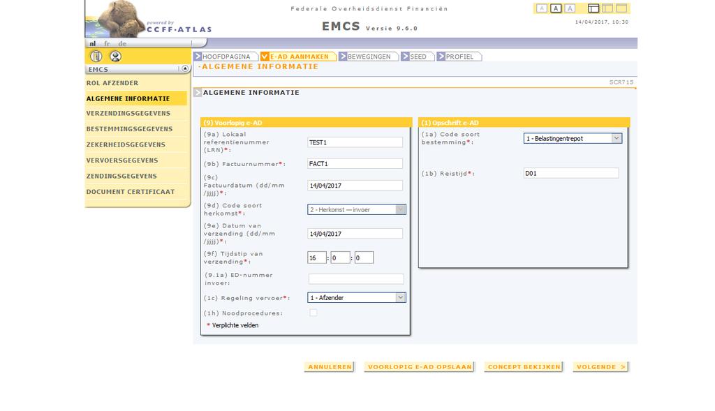 Het scherm e-ad aanmaken_algemene informatie (SCR715) NIEUW!! In dit scherm dient u de algemene informatie van het e-ad in te vullen. De vakken aangegeven met een * zijn verplicht. Opgelet! Vak (9.