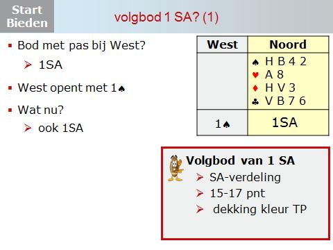 Wat bied je met deze hand als West past? Precies: 1SA. Je hebt 16 punten en een SA-verdeling. Maar West opent met 1. Wat bied je nu? Ook 1SA.