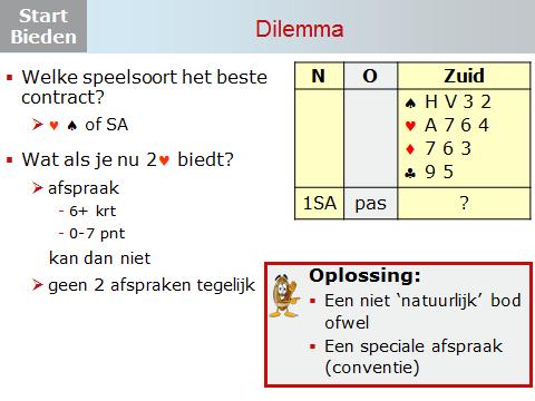 Dia 4 Kijk eens naar deze hand. Weer heeft partner met 1SA geopend. Welke speelsoort is het beste contract? Nog een vraag. Kan harten, schoppen of SA zijn. Wat als je nu 2 biedt?