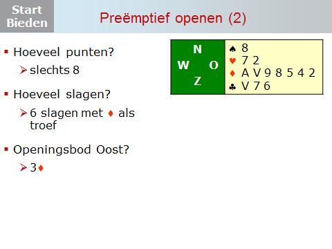 Dia 3 Je raapt deze hand op met een 7 kaart ruiten. Hoeveel punten telt deze hand? 8 punten. Hoeveel slagen kun je met deze hand halen?