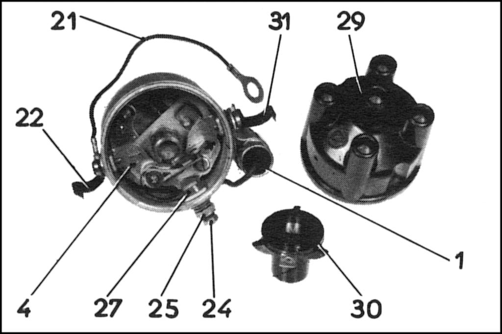 HANDELING Nr. H78.211-3: Revisie van een stroomverdeler. 1 REVISIE VAN EEN DUCELLIER STROOMVERDELER DEMONTAGE. 1. Verwijder de verdelerkap (29). Verwijder de rotor (30). 2.