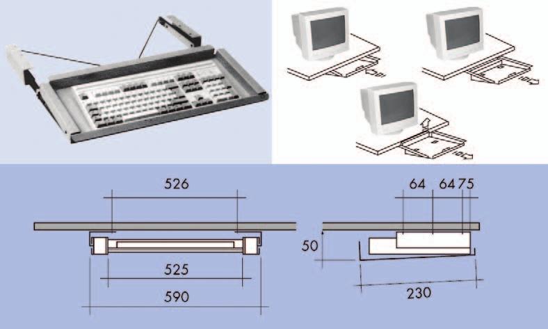 Uittrekladen voor toetsenbord Uittreklade in metaal voor toetsenbord type KD 1000/A5 - uittrekbaar in 3 standen - onder het blad te bevestigen Bestelnr.
