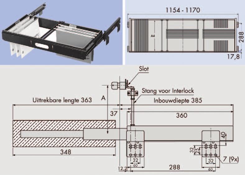 Hangklassementen Kader voor hangklassement type DAFR20 voor 3 x A4 - De rechter geleider is voorzien van het Interlock systeem waardoor maar één lade tegelijk geopend kan worden.