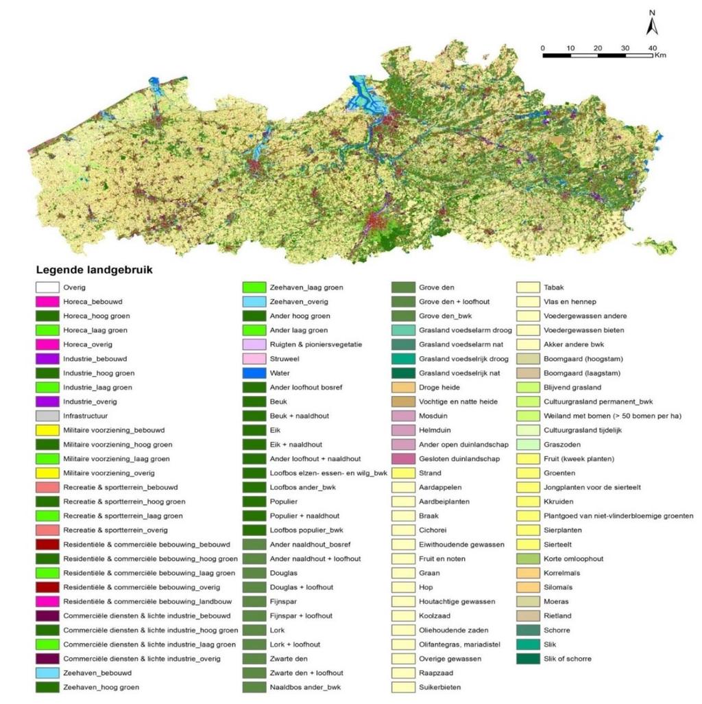 Landgebruik NARA-T kaart (INBO) Zeer gedetailleerd (113 landgebruiksklassen) Hoge ruimtelijke resolutie (10m) VLOPS kaarten op