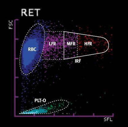 RET: fluorescentie flowcytometrie Fluorochroom (polymethine, RNA) Hydrodynamische focussing SFL/FSC fluorescentie-neg: RBC (geen RNA) Toenemende SFL: RET Kleine FSC/SFL: PLT Maturiteit