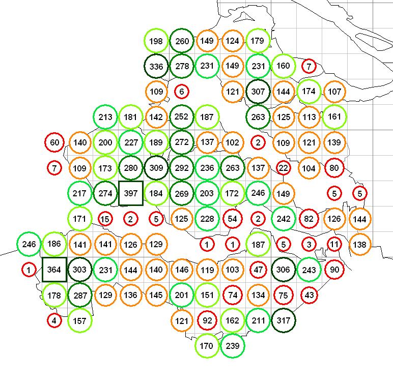 De onderstaande overzichtskaart geeft weer hoeveel soorten bekend zijn van de verschillende uurhokken in Zeeland. De gegevens komen uit het Zeeuwse atlasbestand en zijn van 1995-2010.