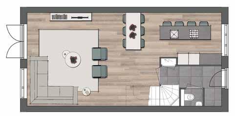 Met een extra verlenging realiseert u een ruime woonkamer met volop leefruimte. 10140 mm 11340 mm Een handige trapkast (optioneel).