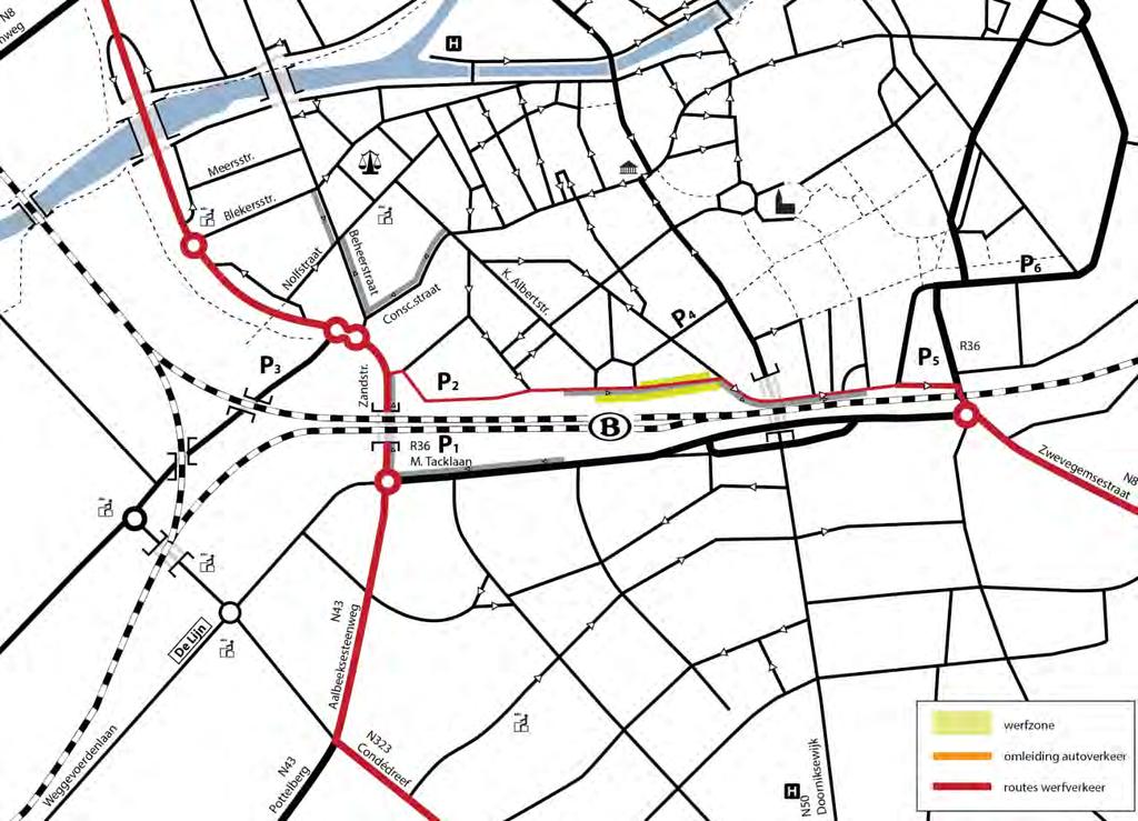 Document: MinderHinder plan en fasering Kortrijk Stationsomgeving versie 08/03/2016 Pagina 24 van 54 Figuur 7: Routes werfverkeer fase 11.2 3.3.3.2 Fase 2b - tijdelijk busstation noord kant centrum - zone levering en buffer Faseringsplan 11.