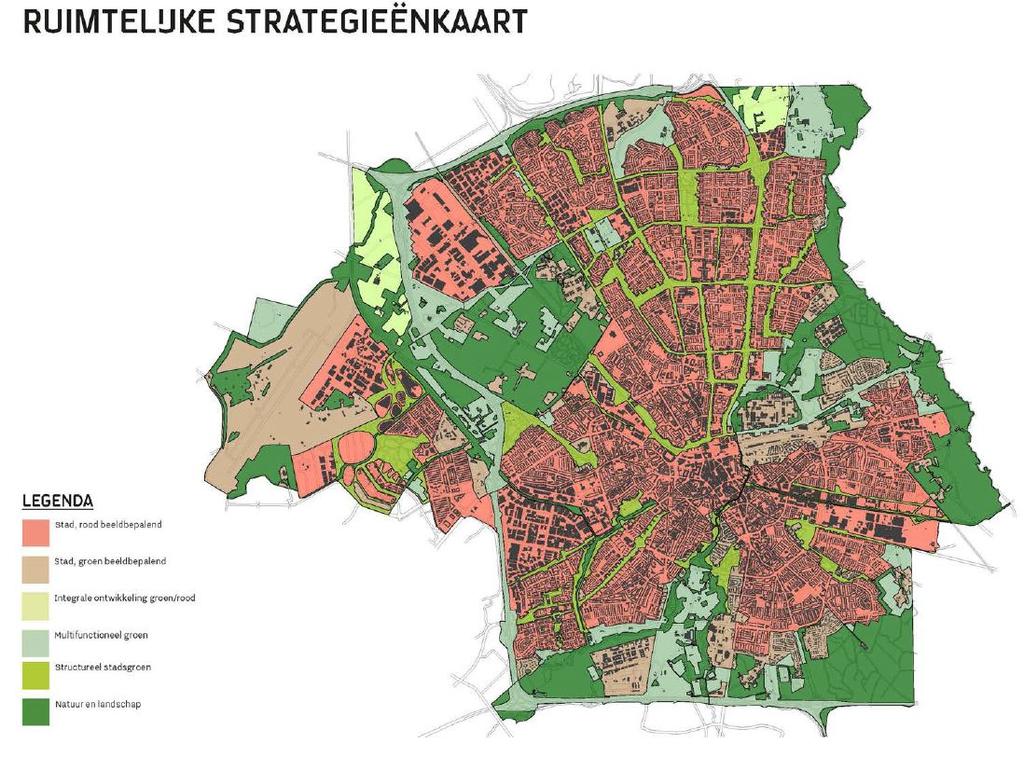 Afbeelding: ruimtelijke strategieënkaart uit groenbeleidsplan 2017 Het plangebied heeft op de bovenstaande ruimtelijke strategieënkaart hoofdzakelijk de strategie 'stad, rood bepalend'.