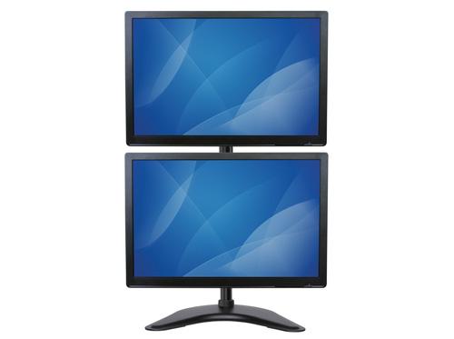 Configureer uw schermen voor een hogere productiviteit De dubbele monitor standaard houdt twee schermen, boven elkaar, in een verticale positie.
