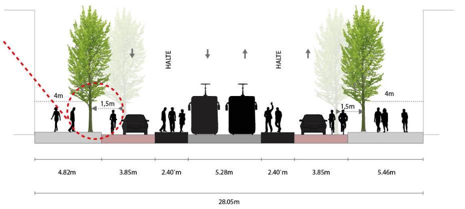 13 TUSSENSTAND PROCES 12 juni 2017 Doorsnedes profielvariant 4 ter hoogte van de halte en verderop in de straat Een profielvariant waarbij de auto zowel stad in als stad uit op de trambaan rijdt, is