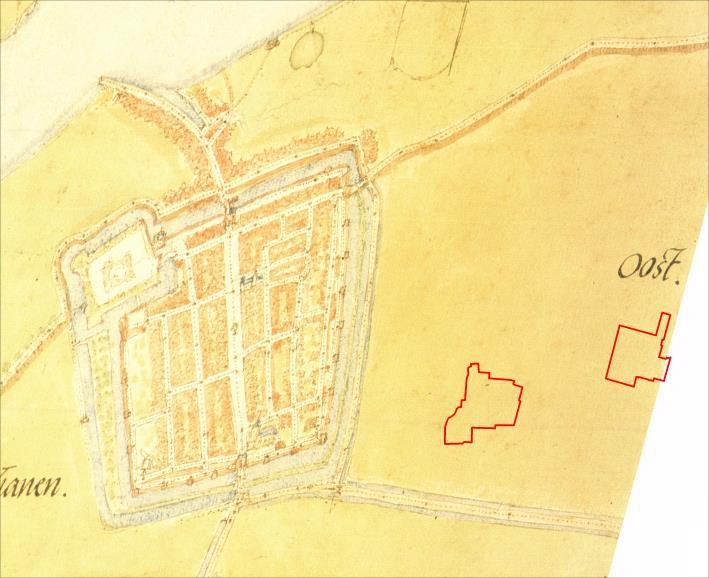 Duidelijk is hierop te zien dat het plangebied destijds op geruime afstand ten oosten van de historische kern van Vianen lag. Figuur 12: Uitsnede uit de kaart van Jacob van Deventer uit ca.