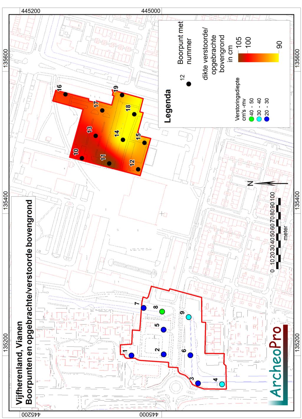 Archeologische onderzoek Vijfheerenland, Vianen, Gemeente Vianen. ArcheoPro Rapport, 13091, Pagina 26 Figuur 18: Boorpunten met diepte verstoorde/opgebrachte bovengrond.