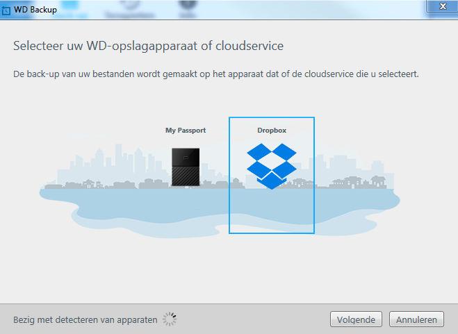 WD Backup initialiseert een verbindingsverzoek namens u en gebruikt uw webbrowser voor toegang tot de website van Dropbox. b.