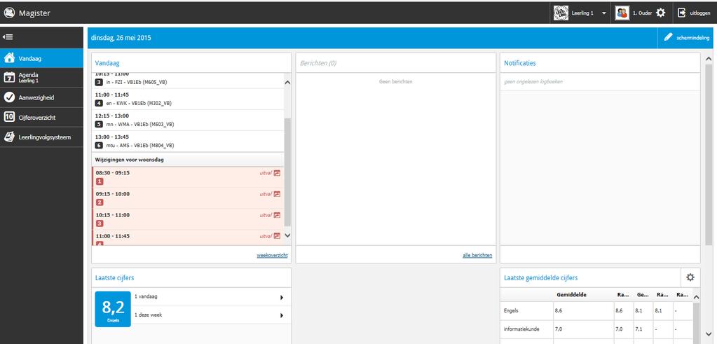 Vandaagscherm Magister opent met het vandaagscherm In het vandaagscherm worden de volgende onderdelen getoond: Agenda voor vandaag, inclusief roosterwijzigingen voor de volgende dag Berichten