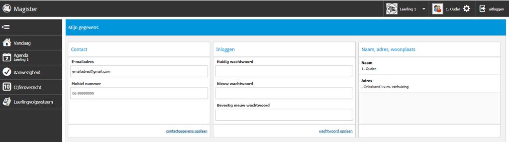 Mijn gegevens Klik op het wieltje in de Magisterbalk Ouders E-mailadres, mobiel nummer en adres gegevens zijn zichtbaar.