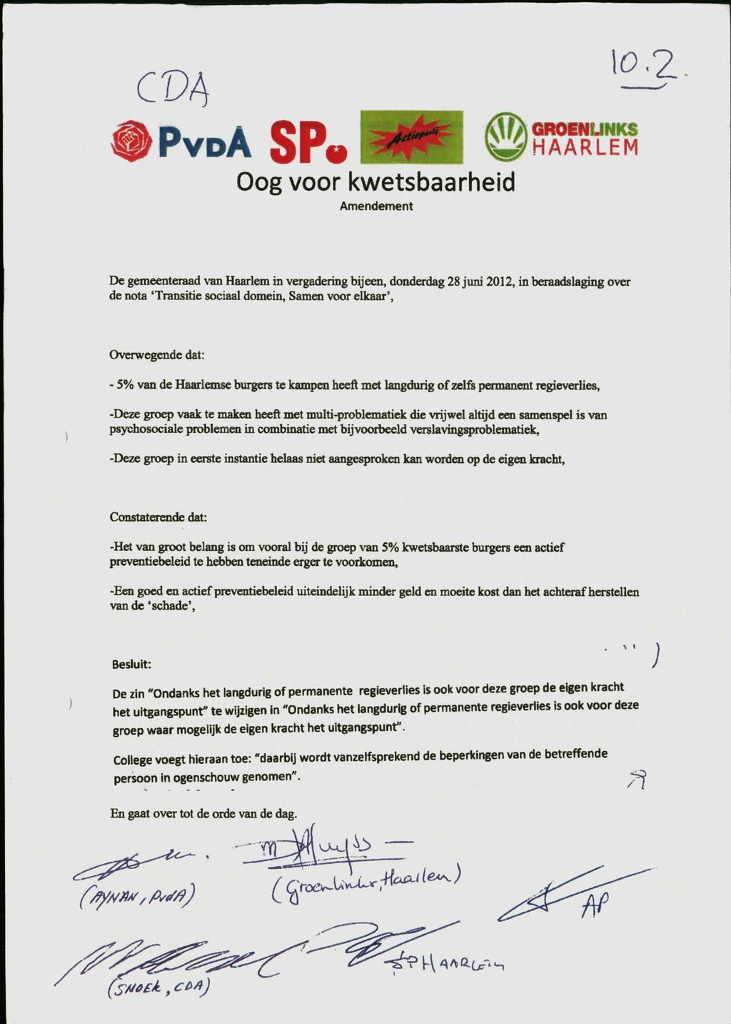 CDA PVDA SP Oog voor kwetsbaarheid Amendement GROENLINKS HAARLEM De gemeenteraad van Haarlem in vergadering bijeen, donderdag 28 juni 2012, in beraadslaging over de nota 'Transitie sociaal domein.