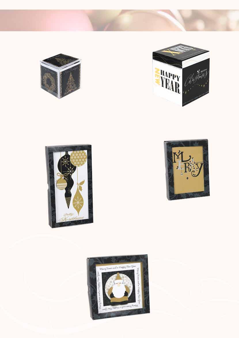 Xmas Gold Boxes display Minicards Inhoud: 16 kaarten Kaartformaat: 85 x 85 mm 4 dessin 1 artikel Keepsake Box Square Inhoud: 16 kaarten Kaartformaat: 120 x 135 mm 4 dessin 2 artikelen Xmas Box Luxe
