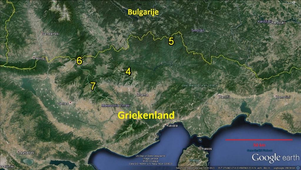 Biotopen in Noordoost-Griekenland (Fig. 2): 4. Phalakrogebergte (Oost-Macedonië en Thracië). 5. Rhodopegebergte (Oost-Macedonië en Thracië). 6. Orvilosgebergte (Oost-Macedonië en Thracië). 7.