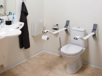 Speciale wandbeugels voor het toilet Speciale wandbeugels voor het toilet Naast deze speciale handgrepen kan men natuurlijk altijd gebruik maken van gewone wandbeugels of tijdelijke handgrepen op