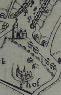 Er is verschil te zien tussen de bakstenen kerk en de zandstenen toren maar er is geen dakruiter. Mogelijk heeft de kaartenmaker gebruik gemaakt van andere afbeeldingen.