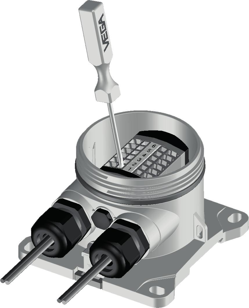 5 Op de sensor aansluiten 4. Schuif de sensorkabel en de aansluitkabel door de kabelwartels in de VEGABOX 03 Fig. 7: Aansluitstappen 5 en 6 5.