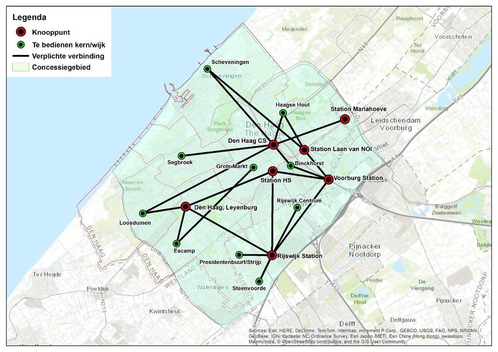 Figuur 5: Verplichte busverbindingen Haaglanden Stad Reizigers kunnen er op rekenen dat zij in ieder geval op de volgende tijden met de bus van een in Tabel 6 genoemde kern/wijk naar het bijbehorende