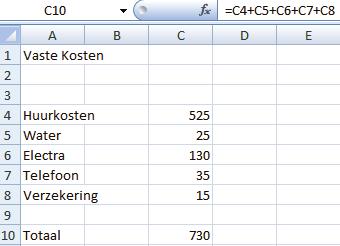 Excel Basis 2010 Vervolg opgave 1: gegevens invoeren 8. Ga staan in cel C10 en type de volgende formule in =C4+C5+C6+C7+C8 9.