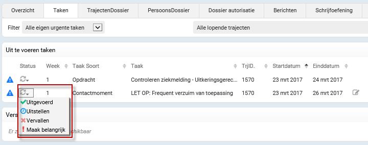 4. U kunt taken gereed melden, uitstellen of laten vervallen door de status te wijzigen. Bij uitstellen of vervallen dient u een reden in te voeren. 5.