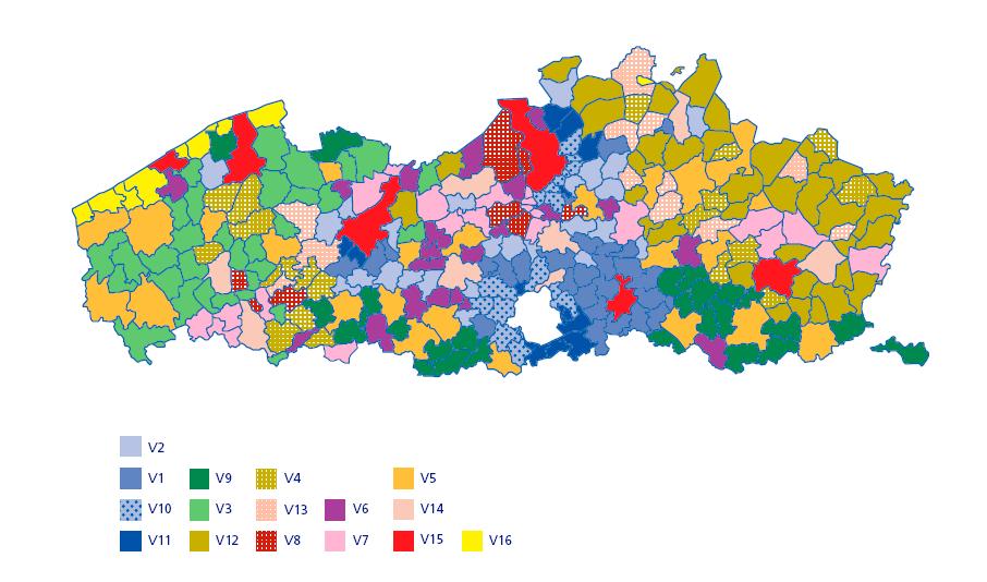 - cluster V13: verstedelijkte plattelandsgemeenten met industriële activiteit en demografische groei - cluster V8: steden en agglomeratiegemeenten met een industrieel karakter Semistedelijke of