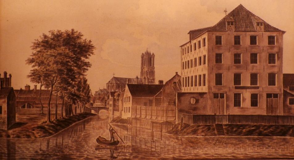 Van de schilderij rond 1825 is bijna niet meer te herkennen. Alles is verdwenen uitgenomen St Baafstoren.