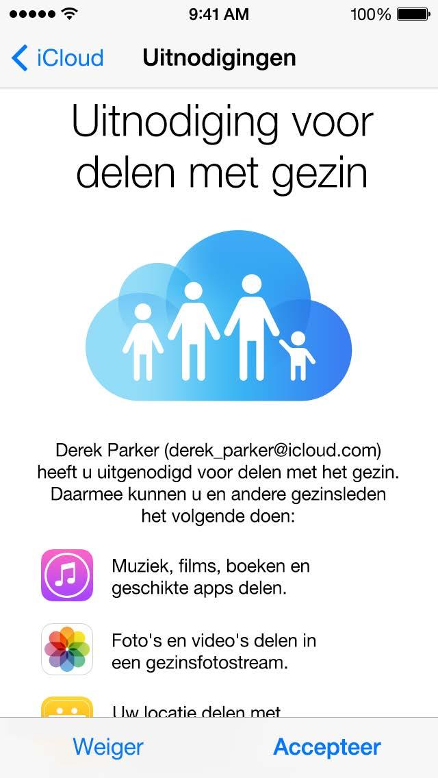 Om gebruik te kunnen maken van 'Delen met gezin', moet u met uw Apple ID inloggen bij icloud.