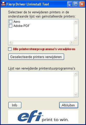 PRINTERSTUURPROGRAMMA S INSTALLEREN 19 PRINTER DELETE UTILITY GEBRUIKEN 1 Klik op Start, wijs Programma s aan en kies Fiery. 2 Klik op Fiery Printer Delete Utility.