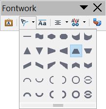 Afbeelding 11: De zwevende werkbalk Fontwork Fontwork-vorm: Bewerkt de vorm van het geselecteerde object. U kunt kiezen uit een palet van vormen.