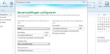 E-mailprogramma: Windows (live) Mail 5. Kies bij servertype IMAP. 6. Vul bij serveradres mail.jedomeinnaam.nl in (vervang jedomeinnaam voor je eigen domeinnaam). 7. Vul bij poort poortnummer 143 in.