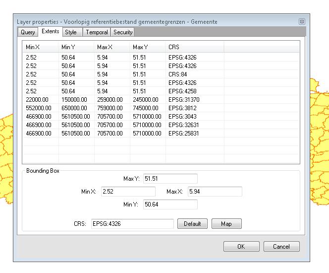 kies voor Properties Ga naar het tabblad Extents Daar krijg je een overzicht van alle