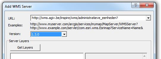 Onder URL tik je de URL in van de WMS die je wil aanspreken. Voorbeeld: http://wms.agiv.be/inspire/wms/administratieve_eenheden? Kies bij Version voor de versie 1.3.